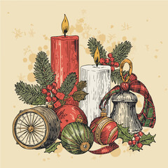 Vintage Christmas Pattern with Ornaments, Holly, Candles, and Bells – Seamless Holiday Background.