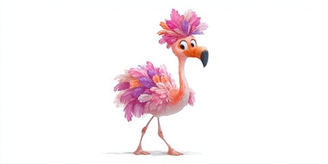 Fototapeta premium Fashionable Flamingo: A whimsical flamingo struts with a playful and glamorous attitude, adorned with a flamboyant floral headdress and feathers. An illustration captures this moment.