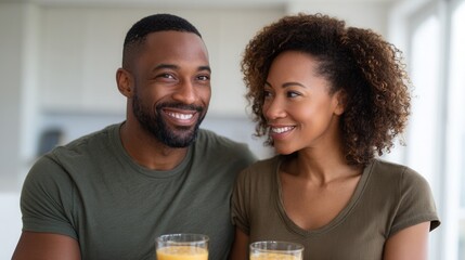 A joyful couple sharing smoothies in a bright kitchen, showcasing love and connection. Perfect for lifestyle and relationship themes.