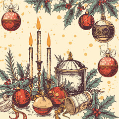 Vintage Christmas Pattern with Ornaments, Holly, Candles, and Bells – Seamless Holiday Background.