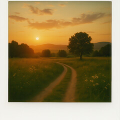 Fototapeta premium Nostalgic countryside landscape with a winding dirt road leading through a flowered meadow toward a lone tree and warm sunset hills presented as a softly faded square photographic print