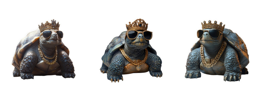 Three cool turtles wearing crowns and sunglasses with gold chains, isolated on transparent background