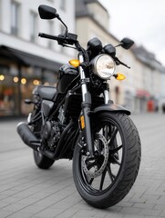 Naklejka premium A sleek black motorcycle parked on a city street, showcasing its modern design and urban environment. Ideal for transportation and lifestyle themes.