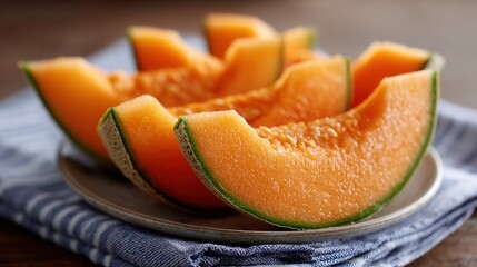 A plate of freshly cut cantaloupe slices arranged neatly, showcasing vibrant orange flesh and green rind, perfect for healthy snacks or summer meals.