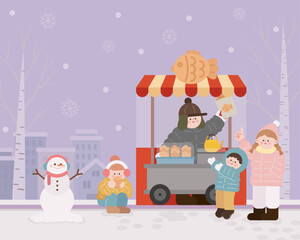 겨울 거리의 붕어빵 노점과 아이들 일러스트