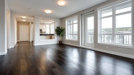 Fototapeta premium Bright and airy apartment interior featuring large windows, hardwood floors, and a contemporary design. Ideal for showcasing modern living spaces.