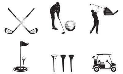 "Golf Equipment Icons Set: Clubs, Ball, Tees, Flag, and Cart - Vector Illustration"