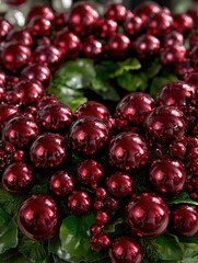 Close up view of dark red Christmas ornaments on a beautiful evergreen wreath creating a festive holiday vibe