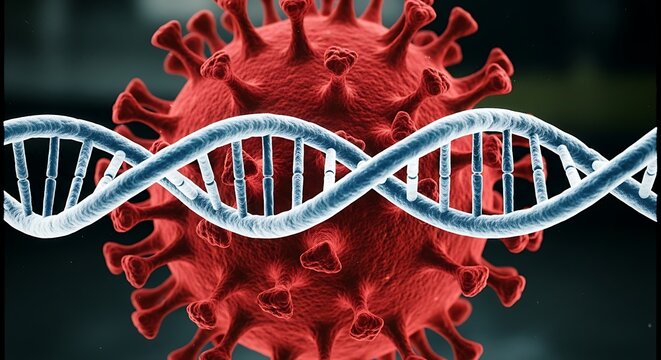 Dramatic Rendered Coronavirus and DNA Strand with Dark Background Illustration