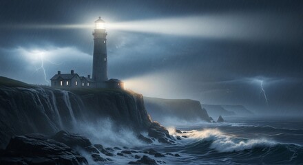 Dramatic lighthouse on a rocky cliff during a stormy night with lightning and crashing waves, guiding ships through the darkness
