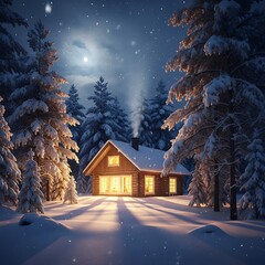 Cozy cabin in snowy woods at night, with warm light glowing from windows and moon illuminating the winter landscape creating a magical scene