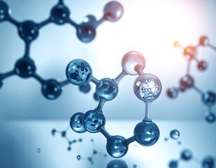 Abstract molecular structures with glossy blue spheres connected on a light backdrop
