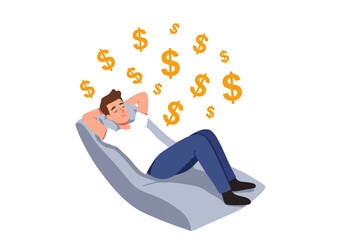 Cartoon man relaxing on a beanbag, dreaming of money, with dollar signs floating above his head.