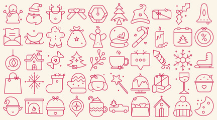 Christmas line icon collection. Editable stroke holiday symbols and festive elements. Santa claus, gift, tree, snowman, angel and more — vector illustration.