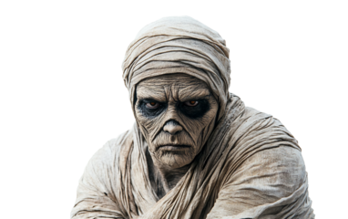 Full body mummy costume representing undead mythology with intricate wrapping and spooky atmosphere isolated on white background PNG