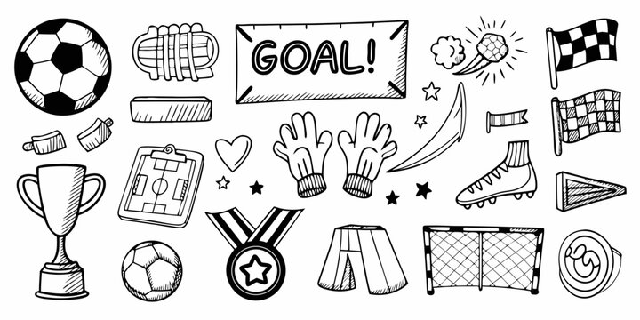 Collection of hand drawn doodle illustrations representing soccer game elements and victory symbols