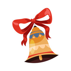 Christmas bell isolated. Vector icon of winter holiday element or seasonal festive symbol. Jingle bell with bow or ribbon. Retro or vintage merry Xmas sign. Advent and Santa ornament. Greeting card.