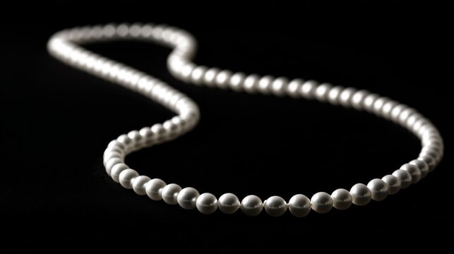 luster. A single strand of pearls arranged in curves on black velvet with soft lighting. lifestyle magazines, social media lookbooks, designed for lifestyle magazines and social media content.