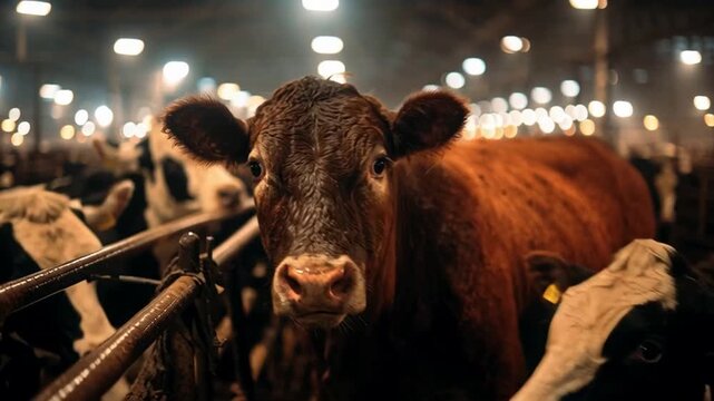 Stressed Beef Bullock in Crowded Livestock Mart Under Harsh Artificial Lights