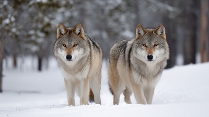 Obraz premium Two wolves are seen standing side by side in a snowy forest setting, showcasing their majestic appearance and natural habitat.