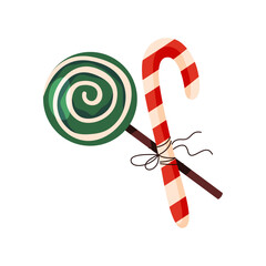 Christmas lollipop stick and winter holiday candy. Vector swirl on stick with stripes. Festive confectionery treat for new year and Xmas. Decorative dessert symbol for December party. Sweet snack.