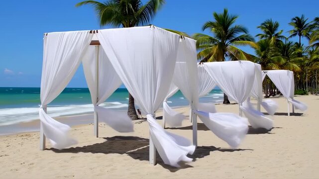 Romantic Beach Wedding Canopies with White Curtains and Palm Trees at Tropical Destination