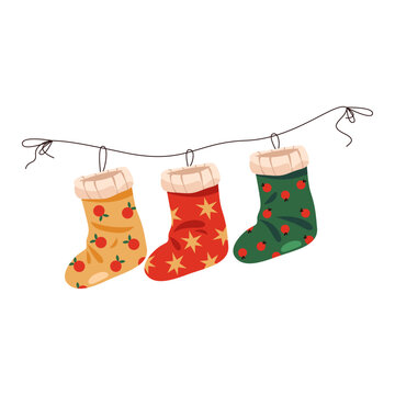 Vector Christmas socks hang on rope. Festive knitted stockings as holiday decoration for gift and candy present. Tradition Xmas and new year ornament for fireplace. Element for merry winter festival.