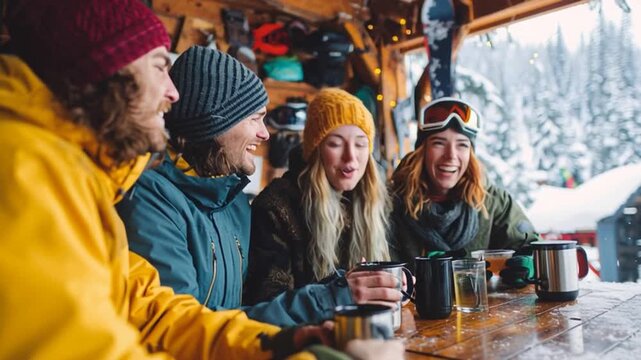 Friends Enjoying Hot Drinks in Mountain Hut After Skiing