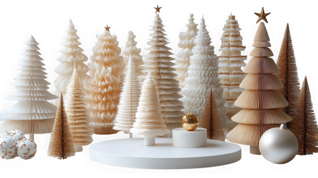 A collection of various white and beige christmas trees in different sizes and textures, isolated on transparent background