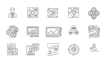 business strategy planning and collaboration shown with line icons illustrating data analysis and teamwork for business development and growth