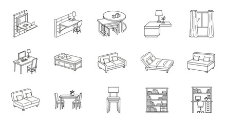 furniture icon set diverse line art of home furnishings for interior design projects illustrating a wide range of furniture styles and arrangements.