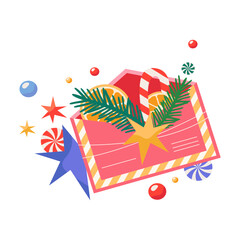 New year letter or winter holiday greeting. Vector envelope with candy or sweets, treat. Festive correspondence card for invitation and merry Christmas celebration. December Xmas post message symbol