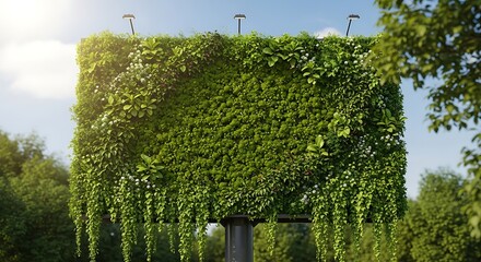 A billboard covered in lush green ivy stands against a bright sky, blending nature with advertising in an ecofriendly and visually striking way