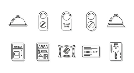 Hotel amenities icons providing service and comfort for guests featuring room service do not disturb sign minibar pillow and hotel key for a relaxing stay