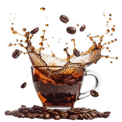 Coffee splashing in a clear cup surrounded by coffee beans on a white background on transparent background