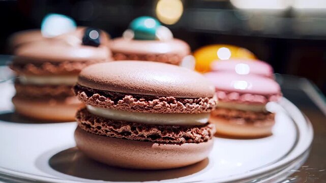 Macarons showcase artful presentation with vibrant colors and textures Macarons exudes sweet flavors inviting guests to indulge in luxurious culinary experience filled with French pastry mastery
