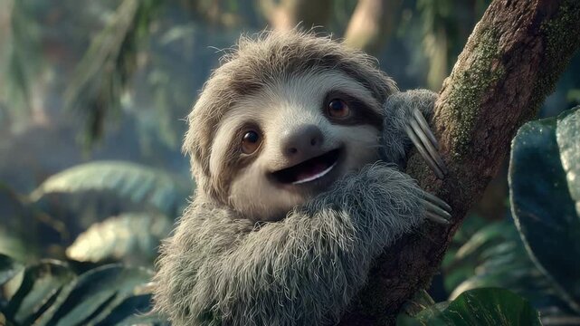 A smiling sloth with grey fur clings to a mossy branch in lush green foliage