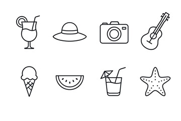 Outline icons of summer essentials beach, drinks, and fun elements