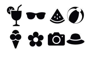 Summer icon set beach fun and refreshments in silhouette style