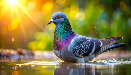 Vibrant pigeon in shallow water, sunlit background