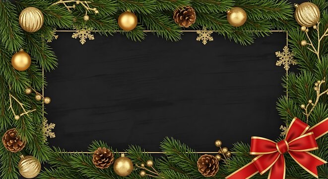 Photo of a festive christmas frame made of evergreen branches, pine cones, golden baubles, and snowflakes, surrounding a blank black chalkboard for text