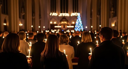 Photo of a congregation holds candles during a christmas eve service in a dimly lit church, with a decorated christmas tree visible in the background