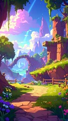 Vibrant path leads to ancient ruins nestled in a fantastical landscape of lush greenery and towering peaks under a pastel sky