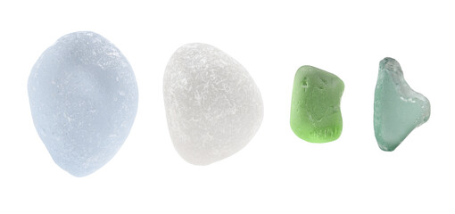 Set polish glass sea pebbles polish isolated on a transparent background. Completely in focus. PNG.