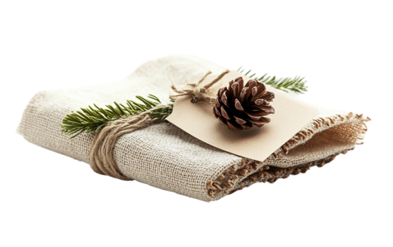 Rustic table setting featuring folded napkin adorned with pinecone accent and handwritten thank you note isolated on white background PNG