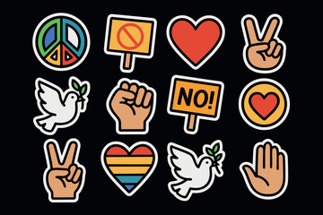 Colorful peace and love stickers set featuring symbols of unity and activism