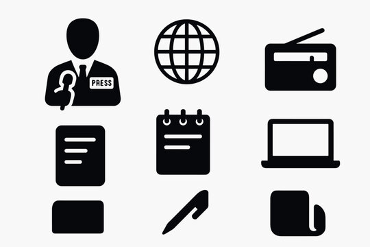 Media and communication icons set featuring press, global, radio, and digital devices in black silhouette style