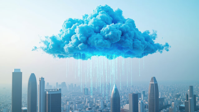 Digital cloud with blue hues hovers above modern city skyline, emitting streams of data resembling rain. This captures fusion of technology