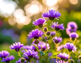 Vibrant purple flowers bask in the warm glow of the setting sun, creating a bokeh effect in the background