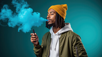 Vaping man with blue smoke, wearing yellow beanie and green jacket, exudes relaxed vibe in vibrant background